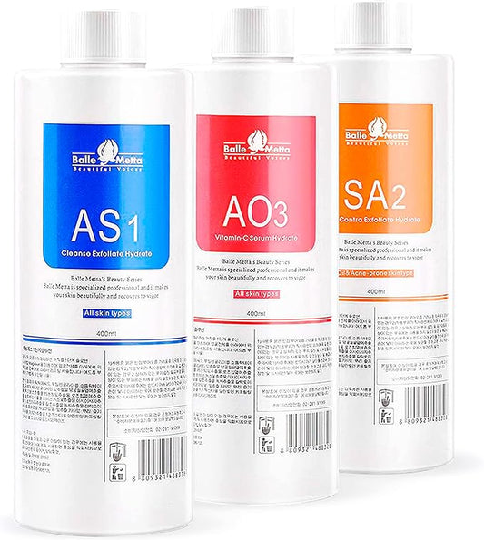BRÜUN Hydrogen Oxygen Facial Machine Serums for Facial Cleansing – A Pack of 400ml 3 Aqua Peeling Solution AS1, SA2, and AO3 –Skin Care Hydra Solution for Vacuum face Cleaning Jet for Home and Spa-Velvo Beauty