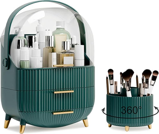 Makeup Organizers and Storage Make up Organizer for Vanity Cosmetics Skincare With Lid and Drawers Display Cases for Countertop Bathroom Women Teenager Girl Gifts(Dark Green+Brush Holder)-Velvo Beauty