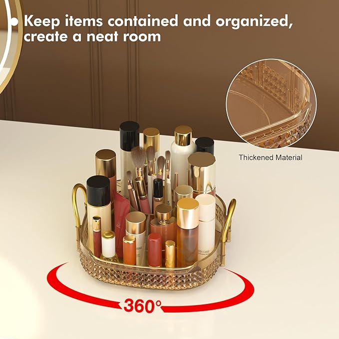 Awenia Rotating Makeup Organizer 360, Stackable Adjustable Large Capacity Cosmetic Storage Unit,Dresser Bathroom Kitchen Countertop Organizer with Metal Handle, Plus Size (Honorable Gold, 1 Tier)-Velvo Beauty