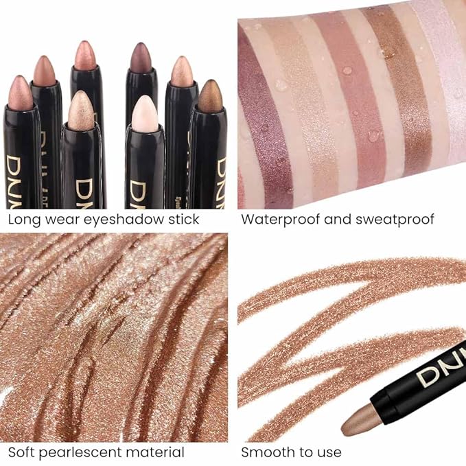 Kaely 8Pcs Cream Eye Shadow Sticks Set for Eyes,Champagne Pearl Bronze Sand Orchid Rose Shimmer Putty Matte Rose Gold,Pencil Eyeshadow Applicator Stick Palette,Halloween Makeup Waterproof 08