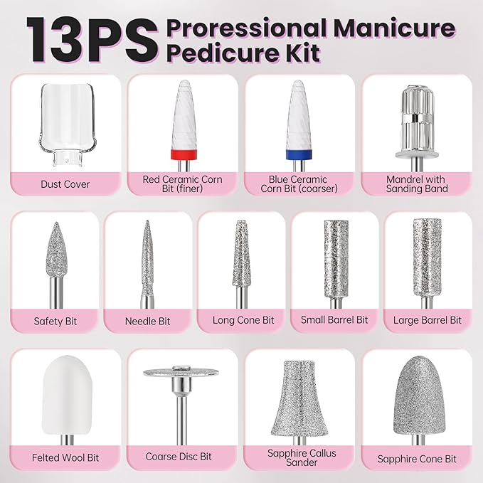 Electric Nail Drill, Cordless 2000 mAh Rechargeable Portable Nail File 12 in 1 Kit for Thick Toenails, 10 Speeds Nail Dril Machine Professional Manicure Pedicure for Hand Natural Nails Care (Pink)-Velvo Beauty