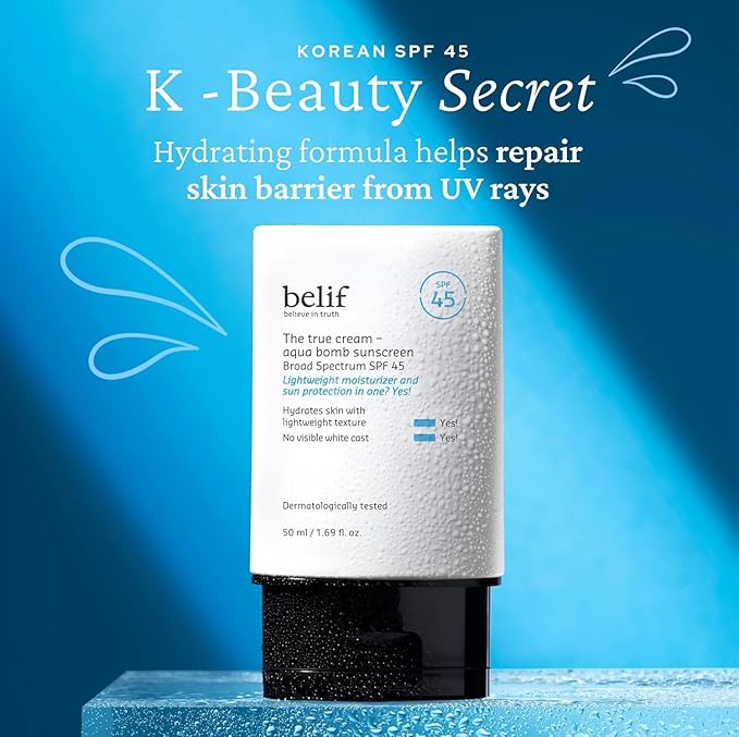 belif Aqua Bomb SPF 45 Hydrating Niacinamide Sunscreen (1.69 fl. oz) - The True Cream PA++++, Daily Broad Spectrum, No White Cast, Weightless & Invisible, Non-Greasy, Korean Skincare-Velvo Beauty