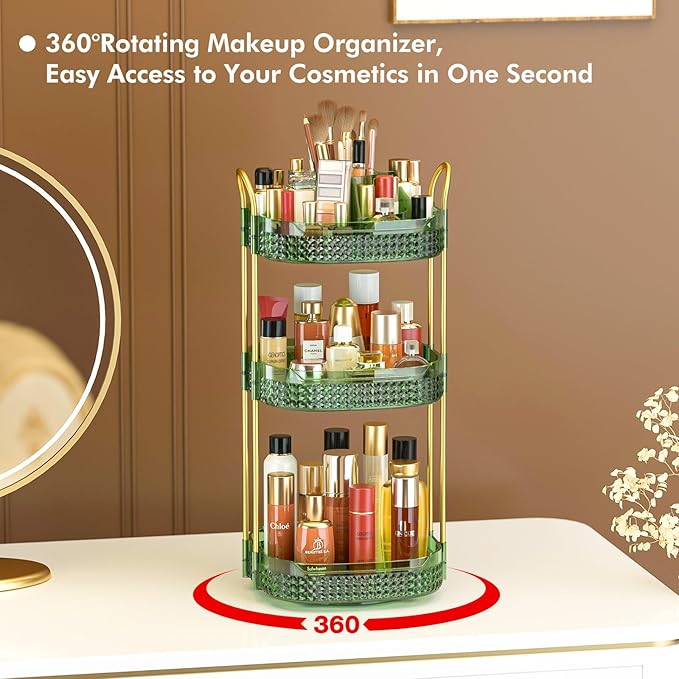 Awenia Rotating Makeup Organizer 360, Stackable Adjustable Large Capacity Cosmetic Storage Unit,Dresser Bathroom Kitchen Countertop Organizer with Metal Handle, Plus Size (Gem Green, 3 Tier)-Velvo Beauty