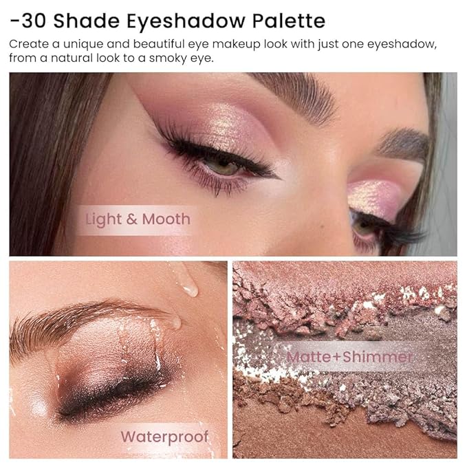 30 Colors Nude Champagne Gold Matte Shimmer Eyeshadow Palette with Brush for Eye Makeup,High Pigmented Pink Purple Brown Eye Shadow Primers Powder Palet de sombras de ojos-Big30-Velvo Beauty