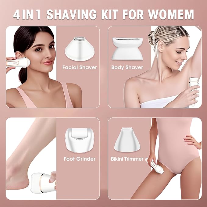 Electric Shavers for Women, 4 in 1 Hair Removal Kit with Epilator Bikini Trimmer Face Razor Body Brush Face Massager Foot Callus Remover, IPX7 Waterproof Lady Razors Set for Legs Armpit Bikini Pubic-Velvo Beauty