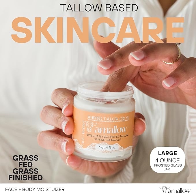 Amallow 100% Grass Fed Beef Tallow for Skin Care - Face + Body - Whipped Moisturizer - Natural Lotion, 4 FL. oz. (Orange Creamsicle)-Velvo Beauty