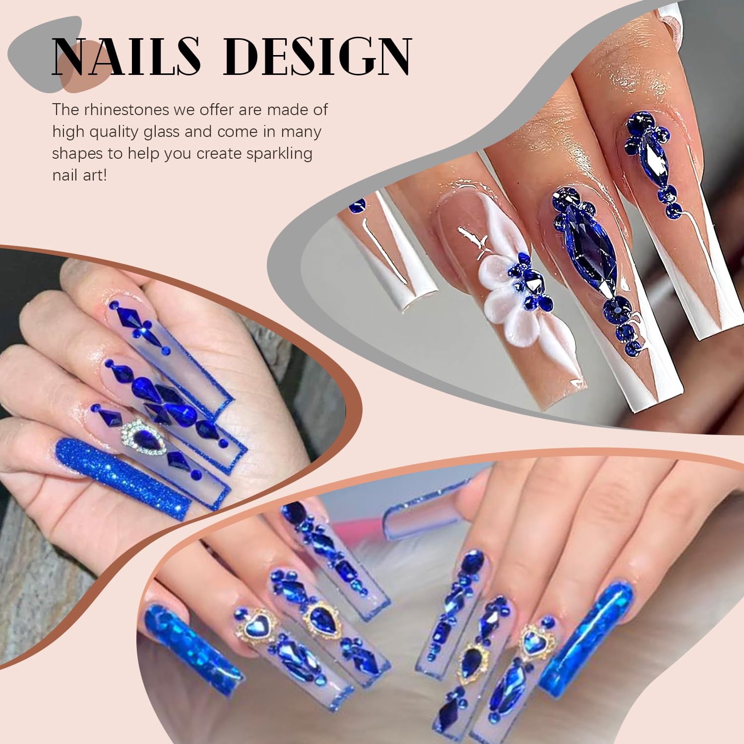 3220Pcs Royal Blue Glass Rhinestones 120Pcs Multi Shapes Flatback Gems + 3100Pcs 1.5-4mm Round Crystal With Glue Gel, Manicure Charms Diamond Gemstones for Nail Art-Velvo Beauty