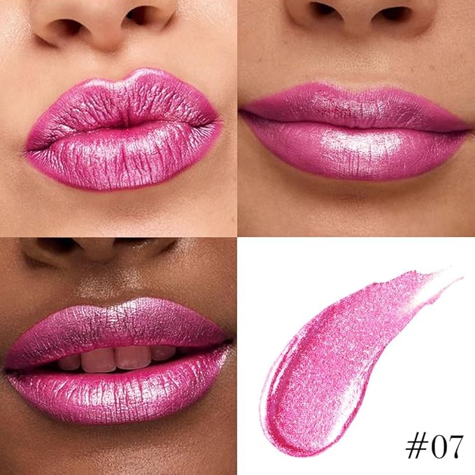 evpct Hot Pink Metallic Glitter Lip Liner and Lipstick Combo Lip Gloss Stain Set Makeup for Women Long Lasting Waterproof 24, Rose Pink Frosted Metallic Shimmer Glossy iridescent Liquid Lipstick 07-Velvo Beauty
