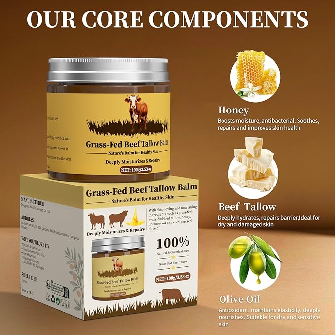 Beef Tallow for Skin, Tallow and Honey Balm, Facial Moisturizer Cream, 100% Organic Grass Fed Whipped Beef Tallow Balm Deeply Moisturizing for Face & Body, Suitable For All Skin Types(3.53oz)-Velvo Beauty