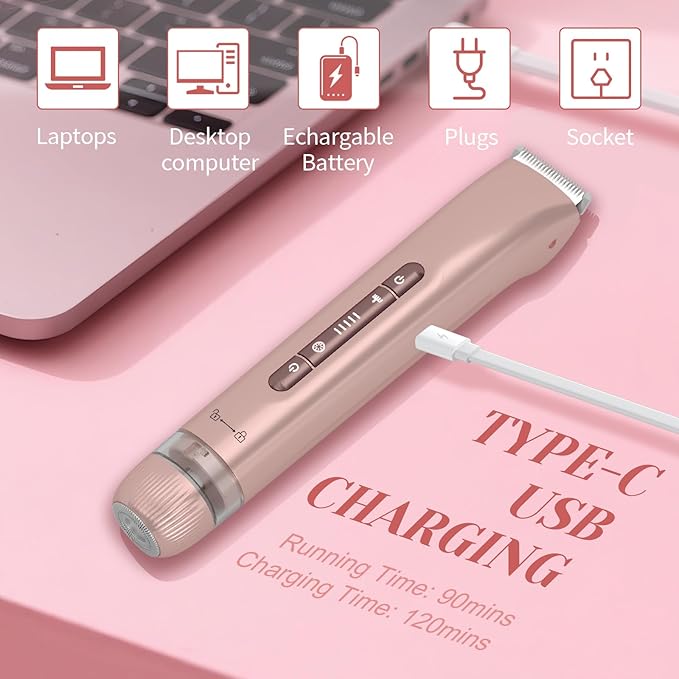Bikini Trimmer for Women - 2025 New 2-in-1 Dual-Head Electric Shaver,Rechargeable Professional Painless Electric Razors, IPX7 Waterproof Body Hair Trimmer & Facial Hair Remover for Wet & Dry-Velvo Beauty