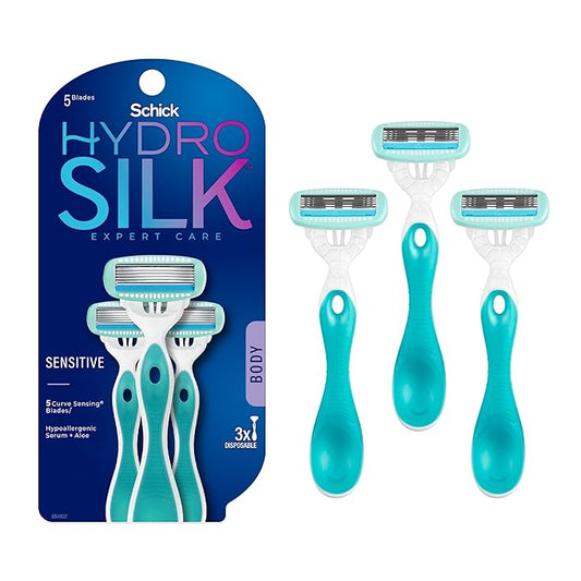 Schick Hydro Silk Sensitive Women's Disposable Razors, 3ct | 5-Blade Disposable Razors for Women Sensitive Skin | Travel Razor for Women-Velvo Beauty