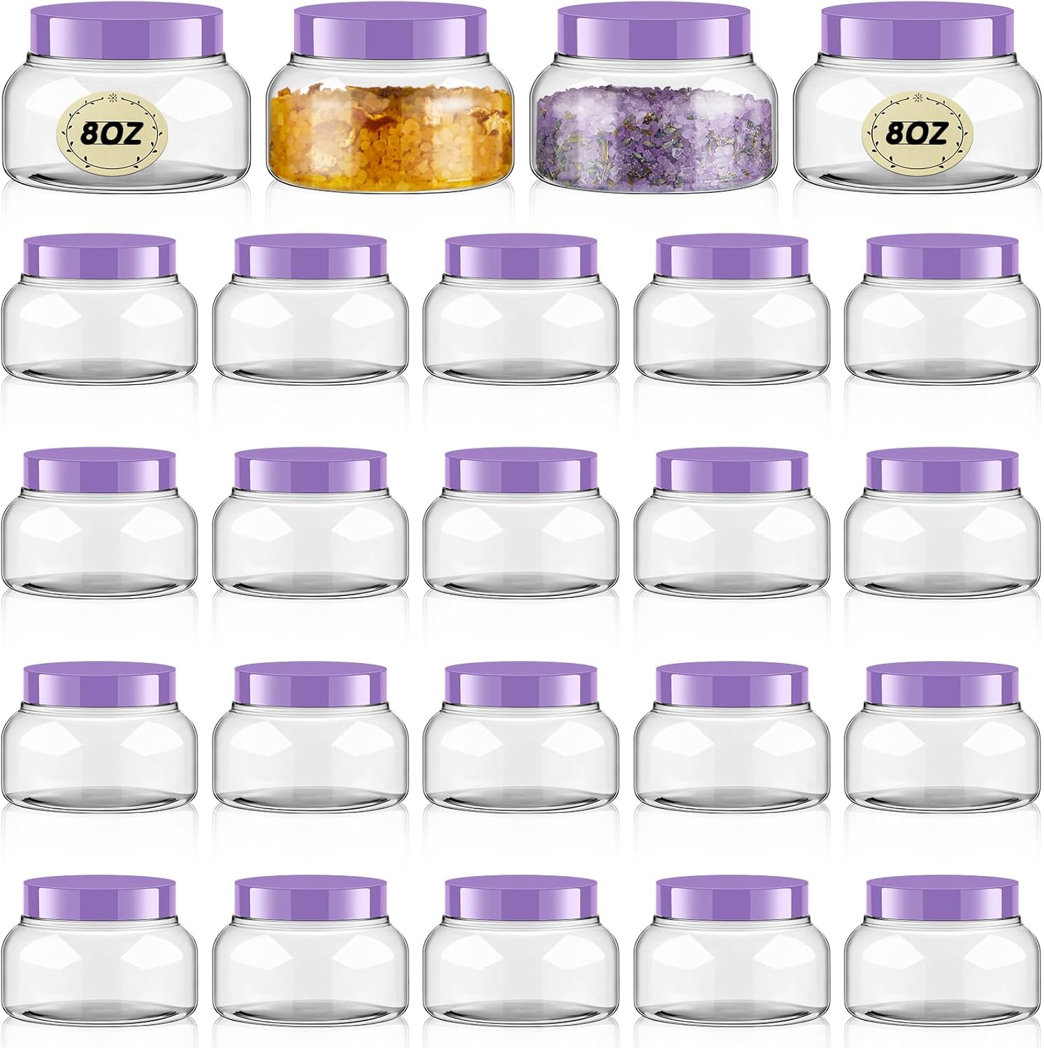 Tessco 24 Pack Plastic Jars with Lids Labels Empty Clear Plastic Jars Round Refillable Cosmetic Containers Body Butter Containers Bulk Sugar Scrub Bottle for Make Up(8 oz,Purple)-Velvo Beauty