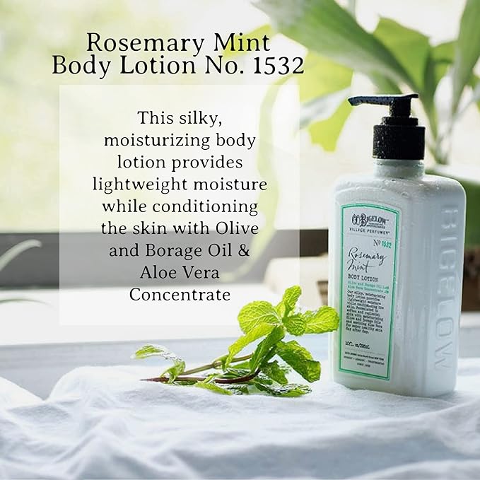 C.O. Bigelow Rosemary Mint Body Lotion, Village Perfumer Moisturizing Body Lotion with Aloe Vera, Borage Oil & Olive Oil, 10 Fl Oz-Velvo Beauty
