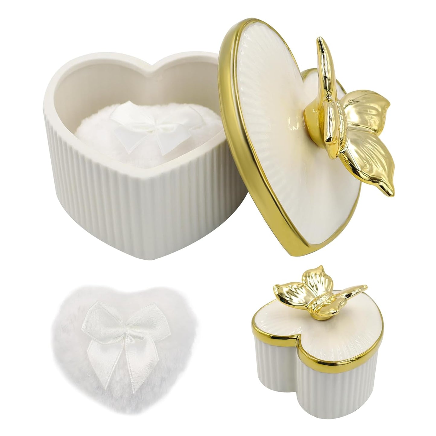 Large Body Powder Puff and Container, Ceramics Dusting Powder Container with 2 PCS Washable Heart Shaped Body Puff, Butterfly Dusting Case for Wet and Dry Makeup (White)-Velvo Beauty