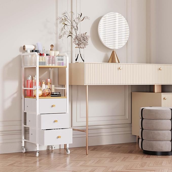 HapiRm Rolling Makeup Cart Organizer - Floor Skincare Make Up Storage with 3 Drawers, Vanity Organizer Cosmetic Display Cases Holder for Skin Care Perfume Nail Polish Brush Hair Tool-Velvo Beauty