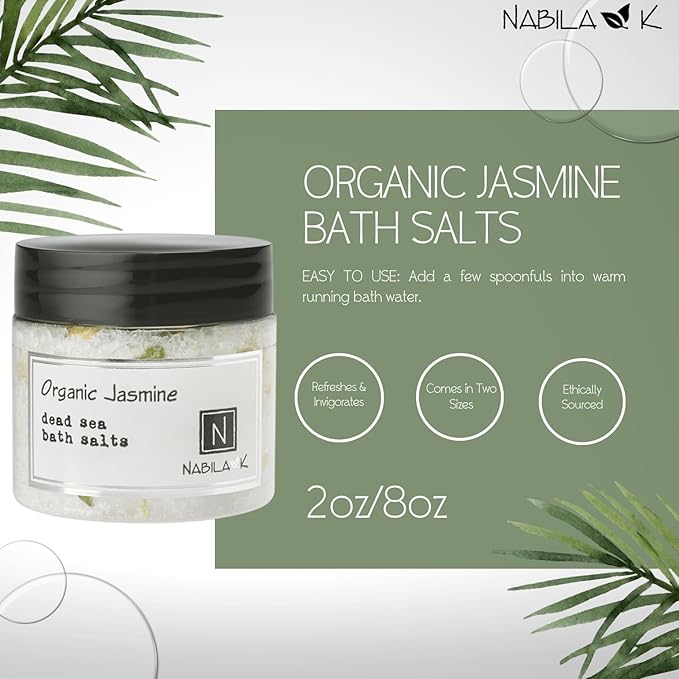 Organic Jasmine Bath Salts by Nabila K - Dead Sea Salt & Epsom Salt Scrub & Soak - Exfoliates & Hydrates Skin, Botanical Essential Oils - Bubble Bath Accessories for All Skins Types, 2 oz-Velvo Beauty