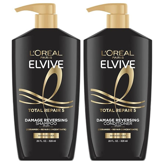 L'Oreal Paris Elvive Total Repair 5 Repairing Shampoo and Conditioner for Damaged Hair, 28 Ounce (Set of 2)(Packaging May Vary)-Velvo Beauty