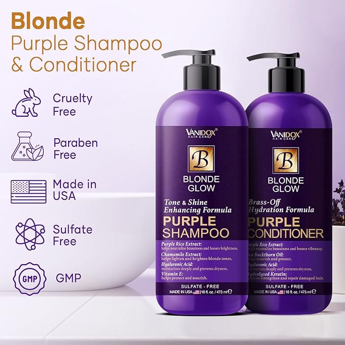 Sulfate Free Brass Toning Purple Shampoo and Conditioner Set for Blondes, Brown Highlighted, or Bleached Hair, Shampoo for Blondes Infused with Purple Rice Extract (16 fl oz each)-Velvo Beauty