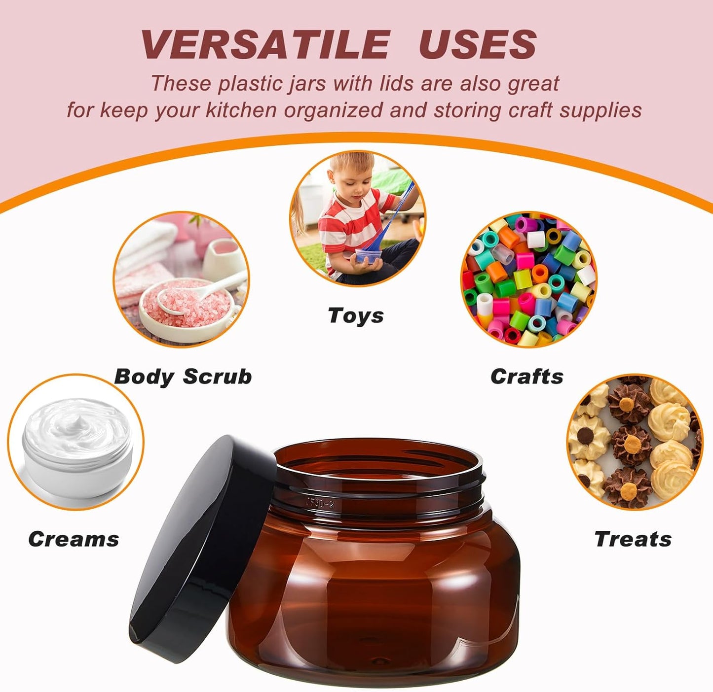 Tessco 24 Pack Plastic Jars with Lids Labels Empty Clear Plastic Jars Round Refillable Cosmetic Containers Body Butter Containers Bulk Sugar Scrub Bottle for Make Up(8 oz,Brown)-Velvo Beauty