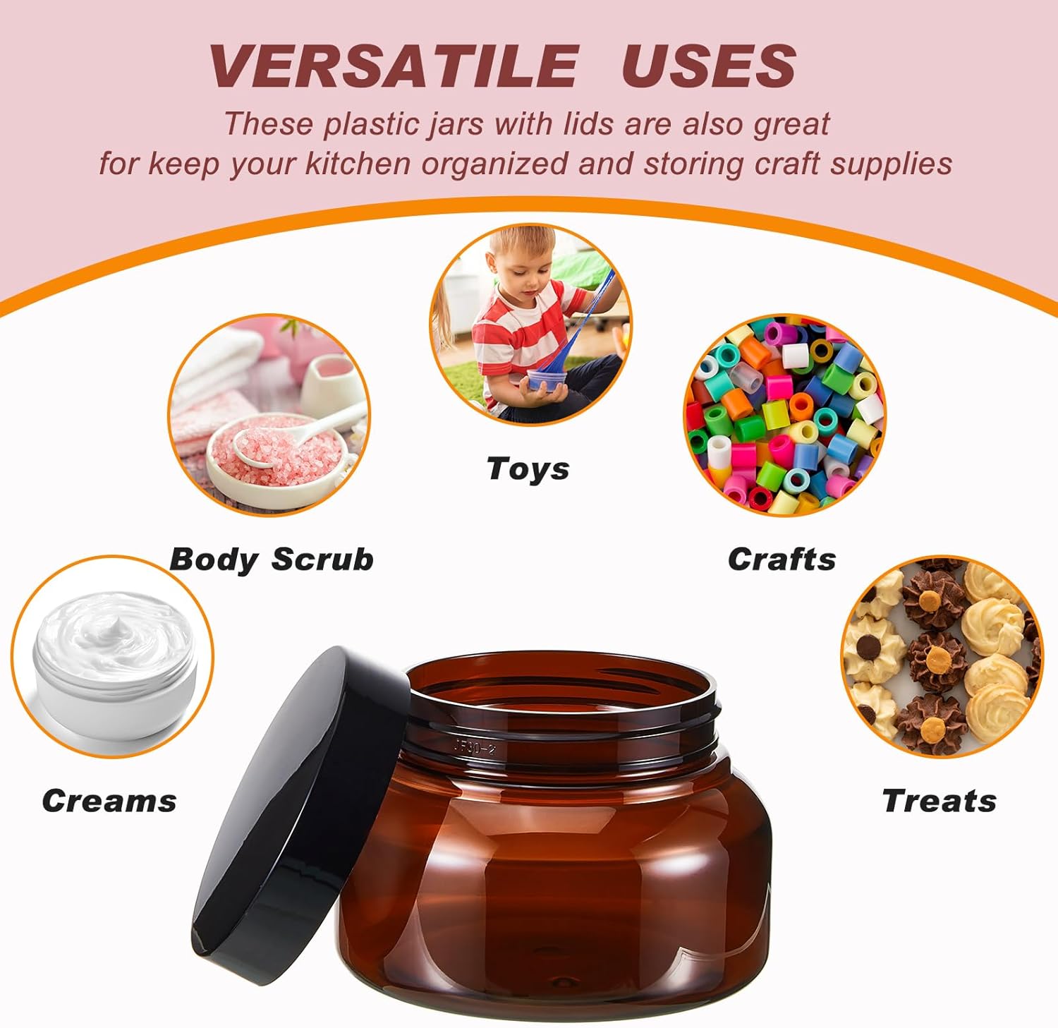Tessco 24 Pack Plastic Jars with Lids Labels Empty Clear Plastic Jars Round Refillable Cosmetic Containers Body Butter Containers Bulk Sugar Scrub Bottle for Make Up(8 oz,Brown)-Velvo Beauty