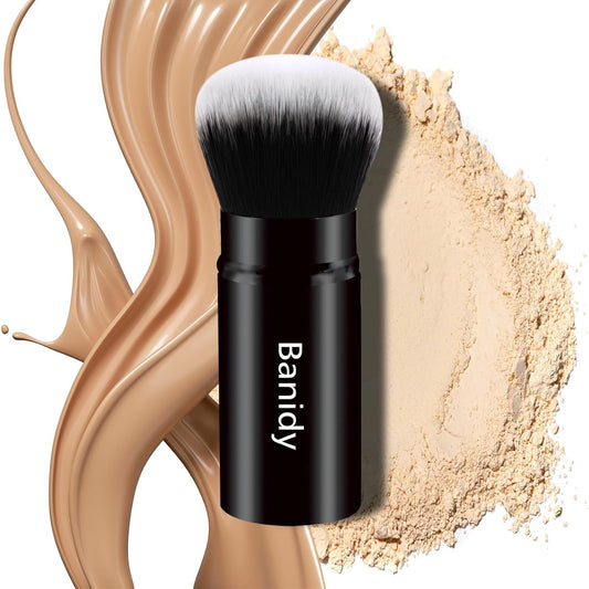 Makeup Brush Kabuki Face Brushes Retractable Travel Blush Brush Portable Flawless for Foundation, Powder Blush, Bronzer, Buffing, Liquid, Cream, Cruelty Free with Cover(Round-Head)-Velvo Beauty
