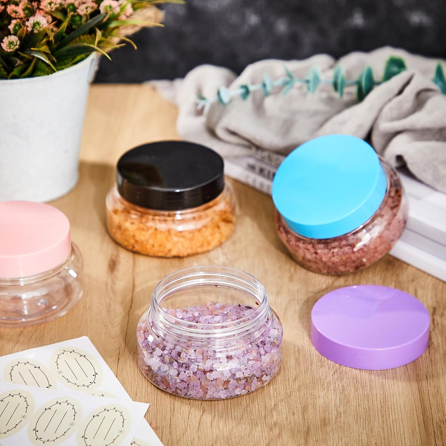 Tessco 24 Pack Plastic Jars with Lids Labels Empty Clear Plastic Jars Round Refillable Cosmetic Containers Body Butter Containers Bulk Sugar Scrub Bottle for Make Up(5 oz,Multicolor)-Velvo Beauty