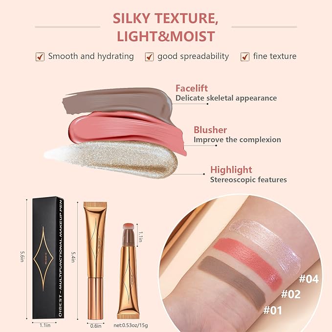 Liquid Contour Beauty Wand Set,Blush Liquid Contour Stick Highlighter Makeup With Cushion Applicator,Long Lasting Smooth Natural Matte Finish,Lightweight Blendable Super Silky Cream Sticks (01#02#04)-Velvo Beauty