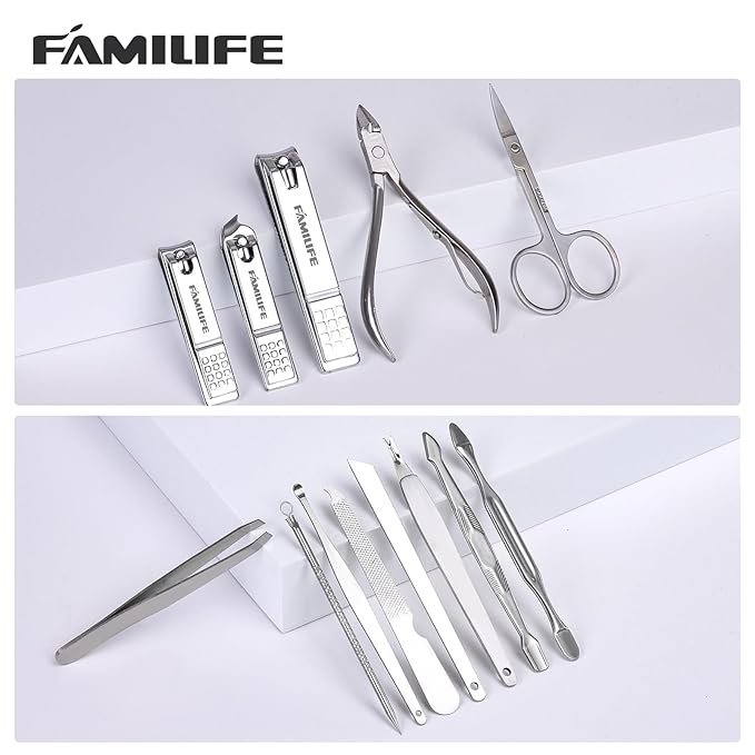 FAMILIFE Manicure Set, Nail Professional Kit Manicure Kits Nail Clipper Sets, 13PCS Stainless Steel Pedicure Sets Mens Grooming Tool, with Brown Leather Travel Case for Men-Velvo Beauty
