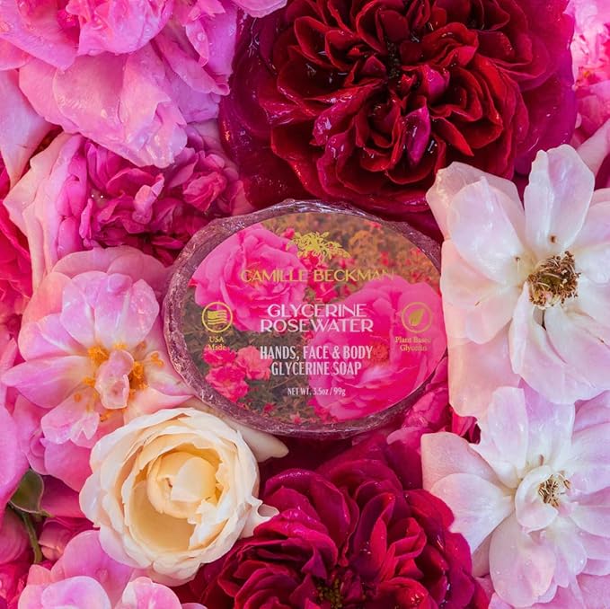 Camille Beckman Essentials Gift Basket, Glycerine Rosewater, Glycerine Hand Therapy 6 oz, Silky Body Cream 13 oz, Hand and Shower Cleansing Gel 13 oz, Glycerine Soap 3.5 oz-Velvo Beauty