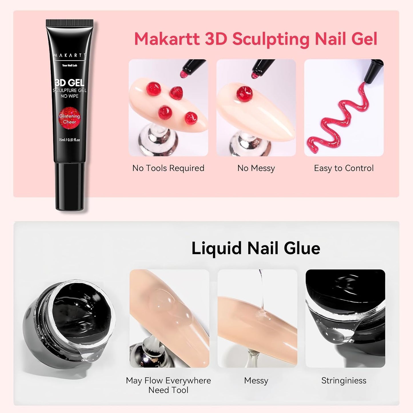 Makartt 3D Gel Nail Art: 3D Sculpting Gel for Nail Art Design 15ml 3 in 1 No Wipe Gel Polish for Drawing Carving Nails Gel, Molding Embossed Gels for Nail Decoration DIY Manicure - Glistening Cheer-Velvo Beauty