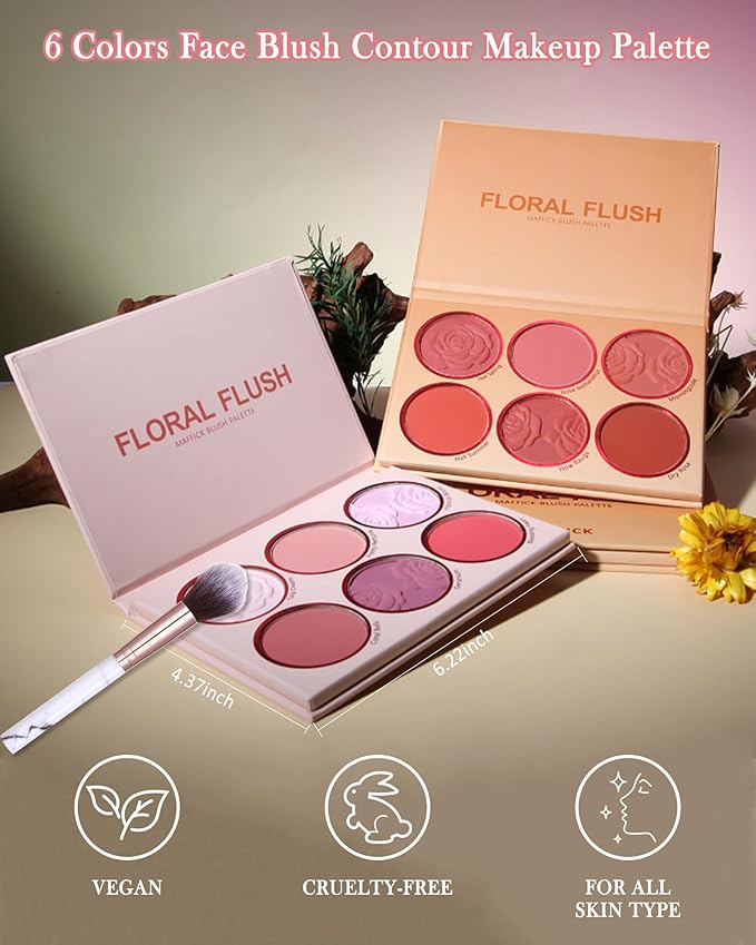 Matte Rose Face Blush Palette Kit with Brush-6 Colors Pink Purple Silky Mineral Blendable Blusher Contour Powder for Cheeks,Longlasting Facial Eyeshadow Beauty Cosmetic Makeup Gift for Women-Set 01-Velvo Beauty