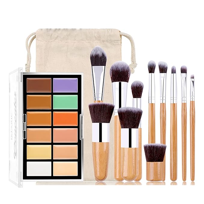All In One Color Correcting Palette + 8 Makeup Brushes, 3D Cosmetics Cream Contour Highlighting Foundation Makeup Palette Long Lasting for Sculpt &Highlighting, Define Cheekbones-Velvo Beauty