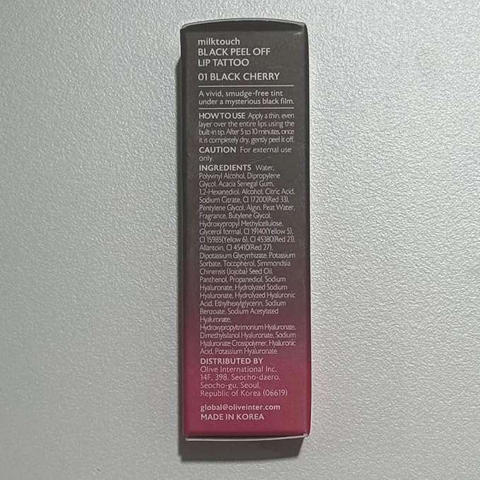 MILKTOUCH Black Peel Off Lip Tattoo - Long-Lasting Matte Lip, Waterproof & Transfer-Proof, Highly Pigmented, Stay-On-All-Day Lip Tint Stain (4.5g) #01 Black Cherry-Velvo Beauty