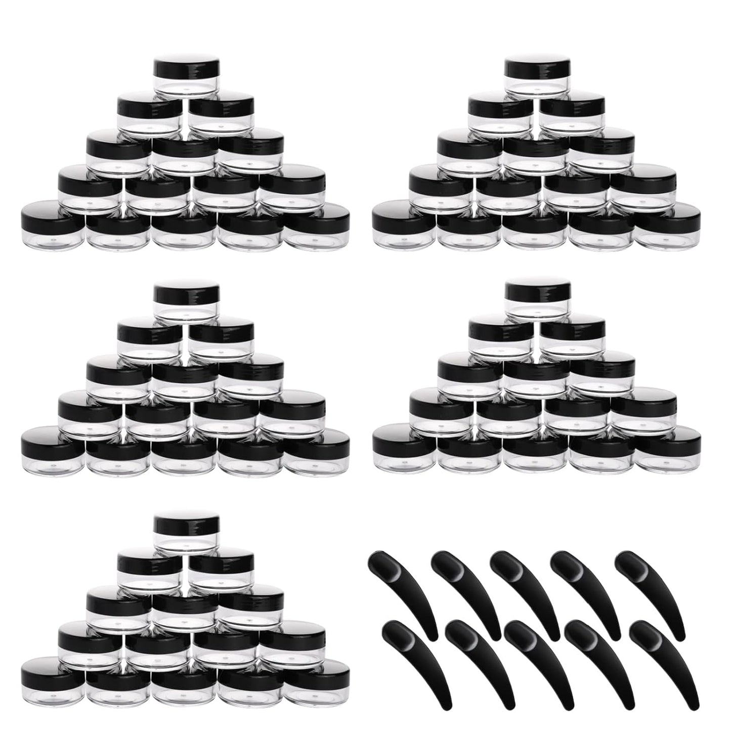 Refillable Cosmetic Sample Jars - 100 Pack 10g (0.35oz) Black Small Travel Containers with Lids + 10 Mini Makeup Spatulas - BPA Free-Velvo Beauty