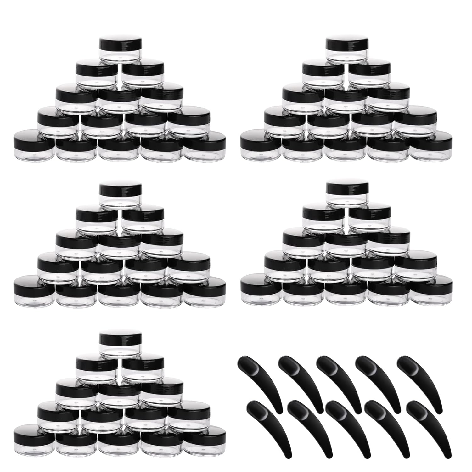 Refillable Cosmetic Sample Jars - 100 Pack 10g (0.35oz) Black Small Travel Containers with Lids + 10 Mini Makeup Spatulas - BPA Free-Velvo Beauty