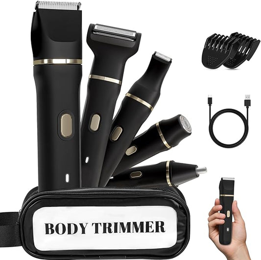 Bikini Trimmer for Women, 5-in-1 Waterproof Electric Razors for Women, Painless Pubic Hair Trimmer, Rechargeable Electric Shaver, Bikini Razor with Travel Case, Body Shaver & Face Nose Trimmer, Black-Velvo Beauty