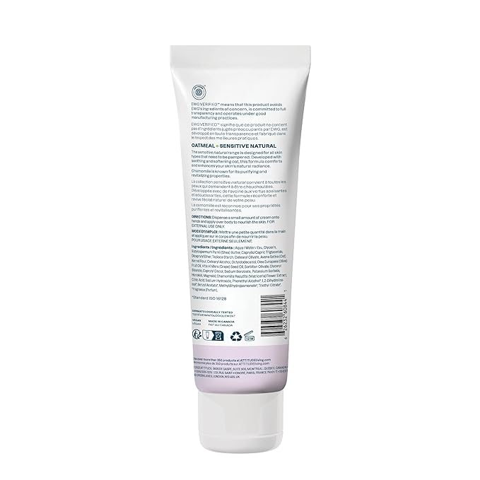 ATTITUDE Body Cream for Sensitive Skin with Oat, EWG Verified, Dermatologically Tested, Vegan, Chamomile, 8 Fl Oz-Velvo Beauty
