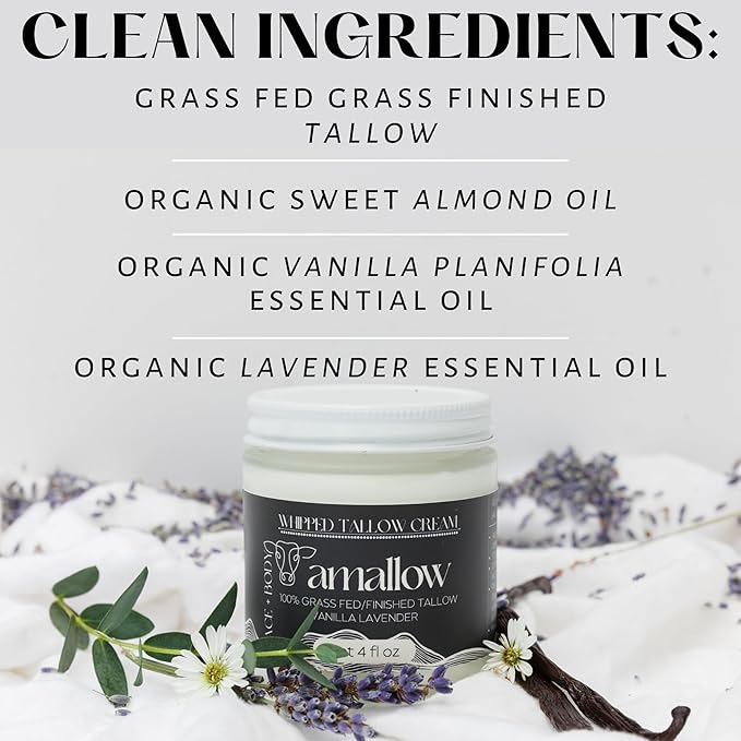 Amallow 100% Grass Fed Beef Tallow for Skin Care - Face + Body - Whipped Moisturizer - Natural Lotion, 4 FL. oz. (Vanilla Lavender)-Velvo Beauty