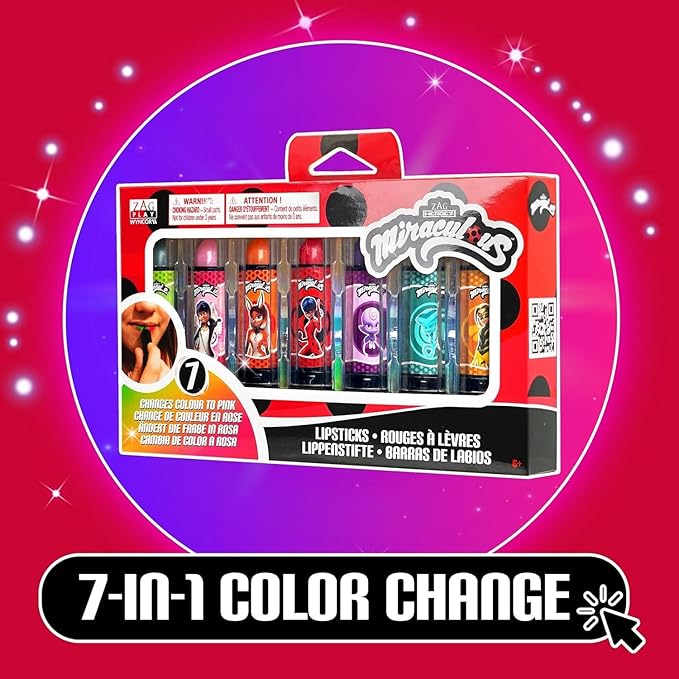 Miraculous Ladybug Cosmetic Lipstick Set - 7 Fruit Scented Color-Changing Lipsticks for Kids - Transforming Lipsticks Turn Pink - Magic Lipsticks Gift Set - Safe & Fun Makeup Kit-Velvo Beauty