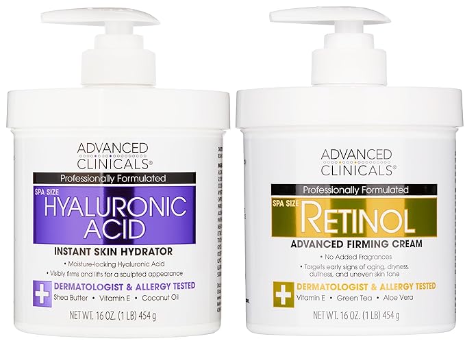 Advanced Clinicals Retinol Cream + Hyaluronic Acid Lotion Face & Body Skin Care. Anti Aging Dry Skin Rescue Creams Reduce Appearance Of Wrinkles, Fine Lines, & Sagging Skin, 16 Oz (Pack of 2)-Velvo Beauty