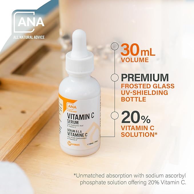 All Natural Advice Vitamin C Serum 30mL | 20% Vitamin C Face Serum Solution with Organic Botanicals, Hyaluronic Acid & Vitamin E | UV-Shielding Glass Bottle with Dropper | Canadian Skin Care-Velvo Beauty