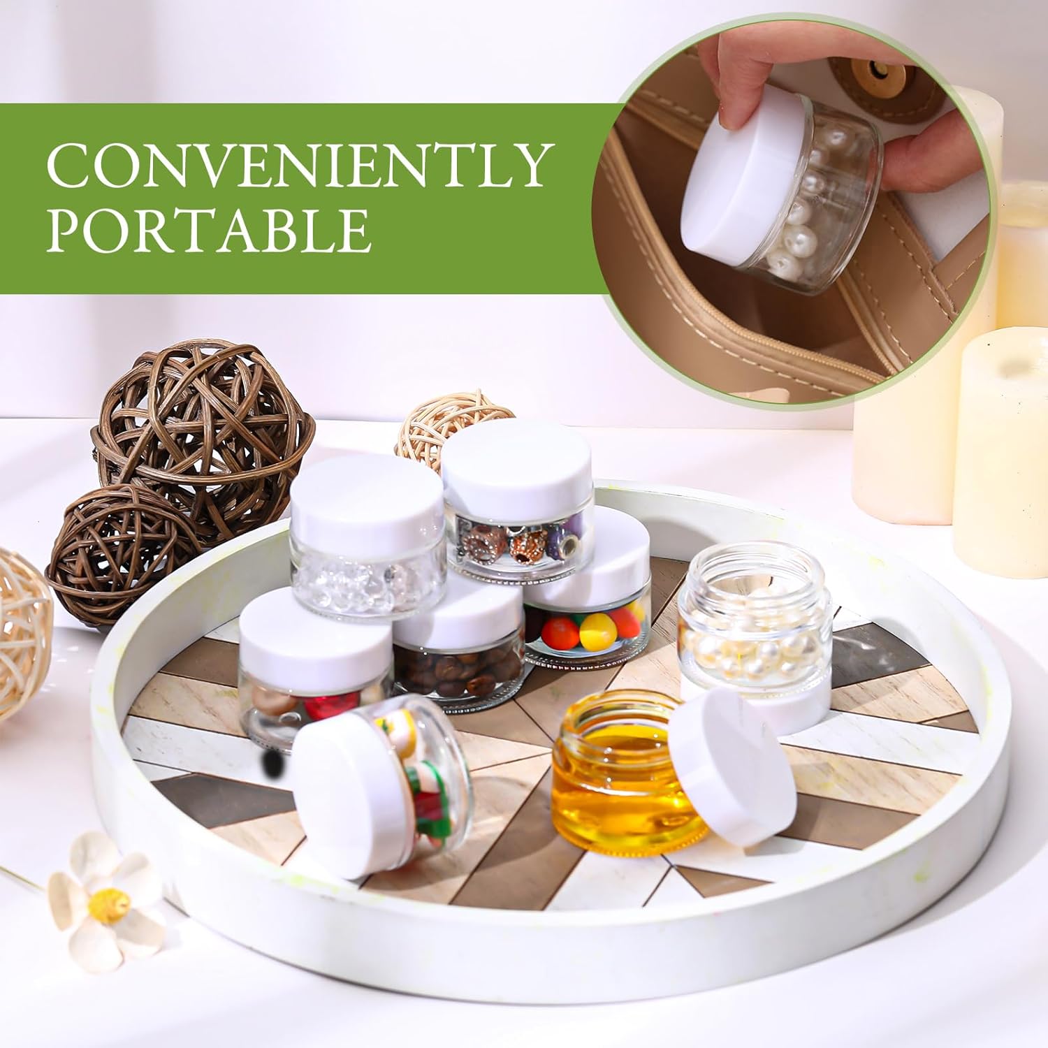Domensi 100 Pcs 1 oz Glass Jars with Lids Bulk Round Glass Cosmetic Jars Lids 1 oz Small Travel Containers with Inner Liner for Lotions Powders Ointments Sample Cream(Clear, White)-Velvo Beauty
