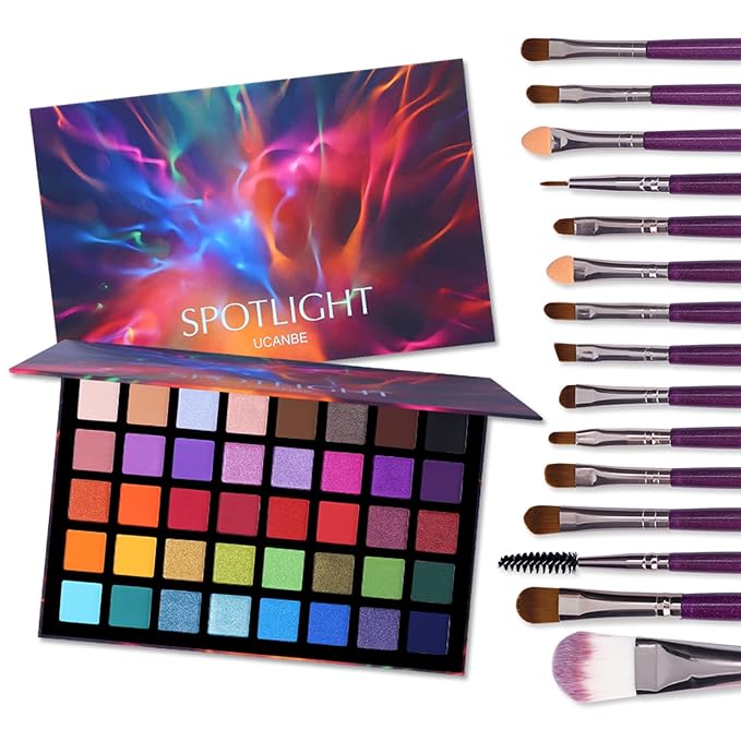 UCANBE Spotlight Eyeshadow Palette + 15 PCS Eye Brushes Makeup Set, Professional 40 Color Matte Shimmer Glitter Eye Shadow Pallet Highly Pigmented Waterproof Long Lasting Make up Pallete-Velvo Beauty