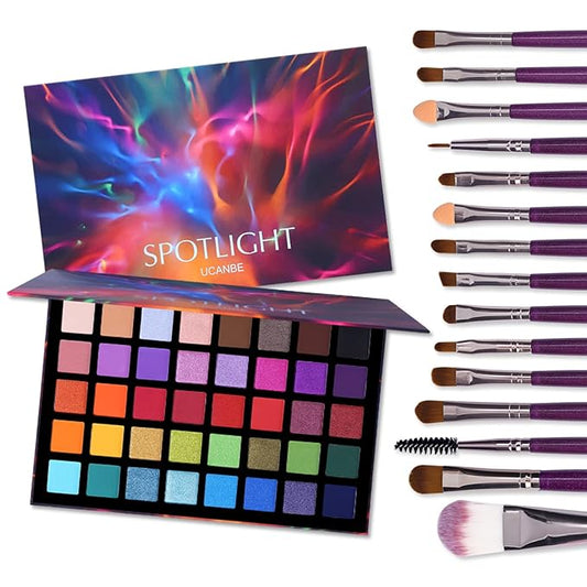 UCANBE Spotlight Eyeshadow Palette + 15 PCS Eye Brushes Makeup Set, Professional 40 Color Matte Shimmer Glitter Eye Shadow Pallet Highly Pigmented Waterproof Long Lasting Make up Pallete-Velvo Beauty