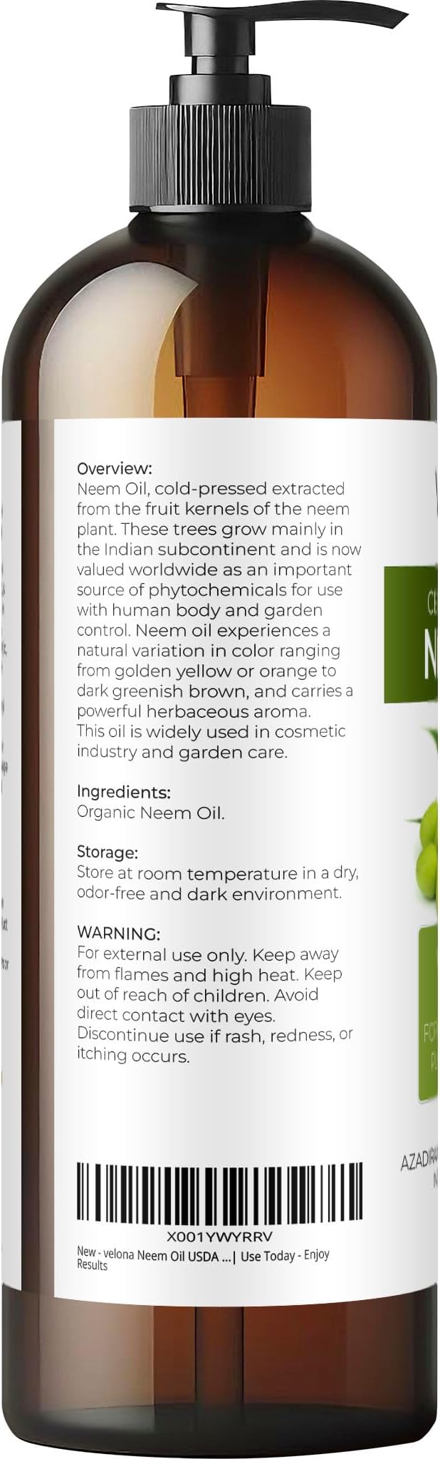 velona Neem Oil USDA Certified Organic - 16 Fl Oz | 100% Pure and Natural Carrier Oil | Virgin, Unrefined, Cold Pressed | Hair, Body and Skin Care | Use Today - Enjoy Results-Velvo Beauty
