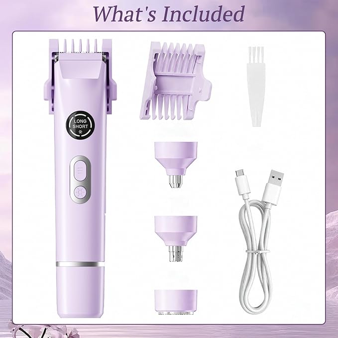 Bikini Trimmer for Women, 4 in 1 Wet/Dry Electric Razors for Women - Dual Head, Painless Rechargeable Portable Womens Razors for Shaving Set for Face, Nose, Eyebrows, Armpits, Bikini Area (Purple)-Velvo Beauty