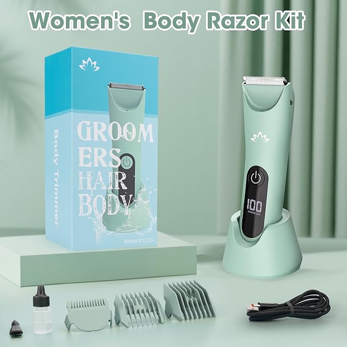 Bikini Trimmer for Women, Painless Pubic Hair Trimmer for Armpit Leg Arm Body Private Area,Rechargeable Womens Electric Razors Shaver LED Light Ceramic Blade IPX7 Waterproof Wet/Dry LCD Display,Green-Velvo Beauty