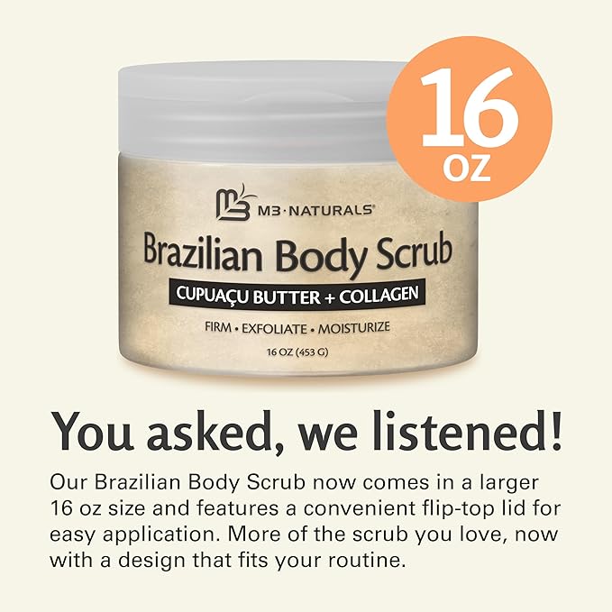 Firming & Moisturizing Brazilian Body Scrub, Gentle Body Exfoliator with Cupuacu Butter, Jojoba Oil & Collagen, 16 oz (453 g) by M3 Naturals-Velvo Beauty