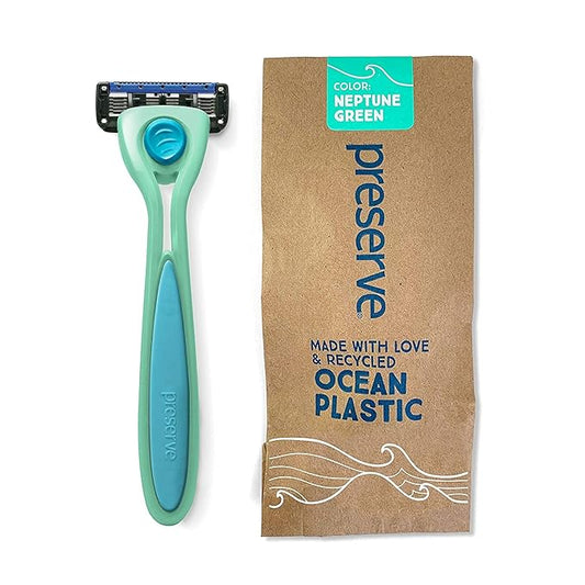 Preserve POPi Shave 5 Razor System Made with Recycled Ocean Plastic and 5-blade cartridge, Neptune Green-Velvo Beauty