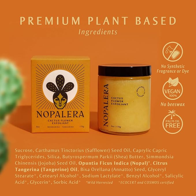 Nopalera Mandarina Cactus Flower Exfoliant - Face & Body Scrub, 3-in-1 Cleanser, & Moisturizer, Vegan, Cruelty-Free, Natural Citrus Scent, Dye Free, 6 oz.-Velvo Beauty